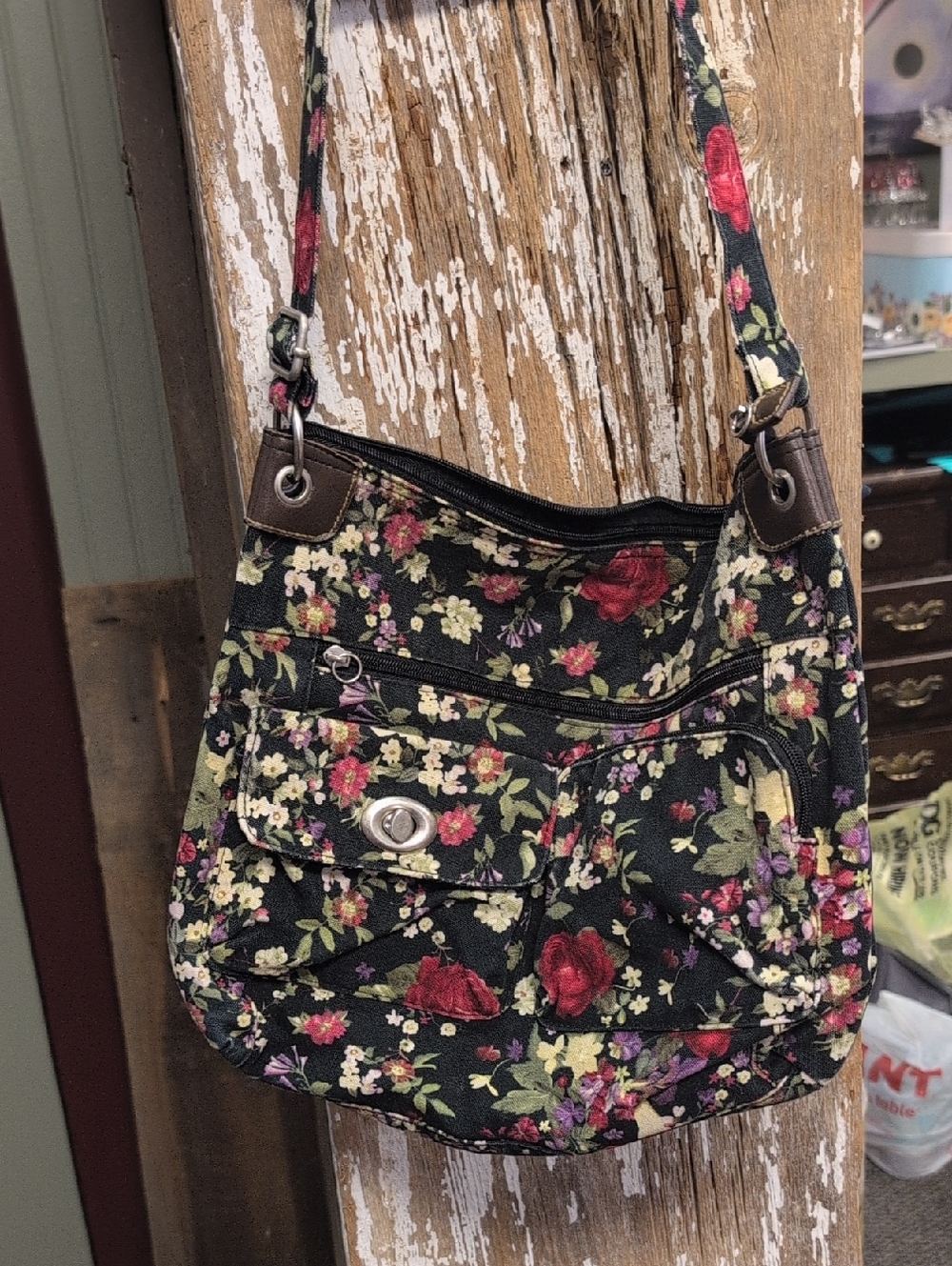 Black Floral Crossbody Bag with Red Rose Accents